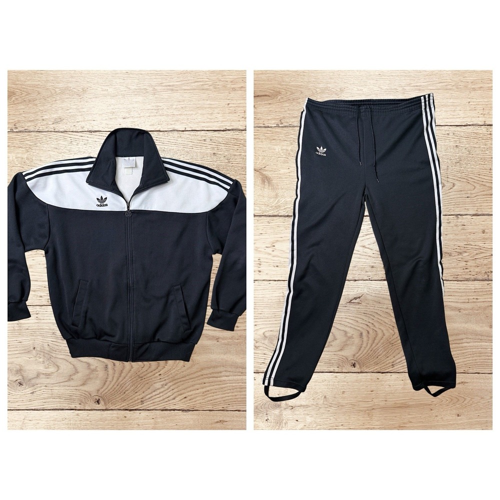 Vintage Adidas Mens Tracksuit 3 Stripes Trefoil Stirrups Black White 70s 80s XL